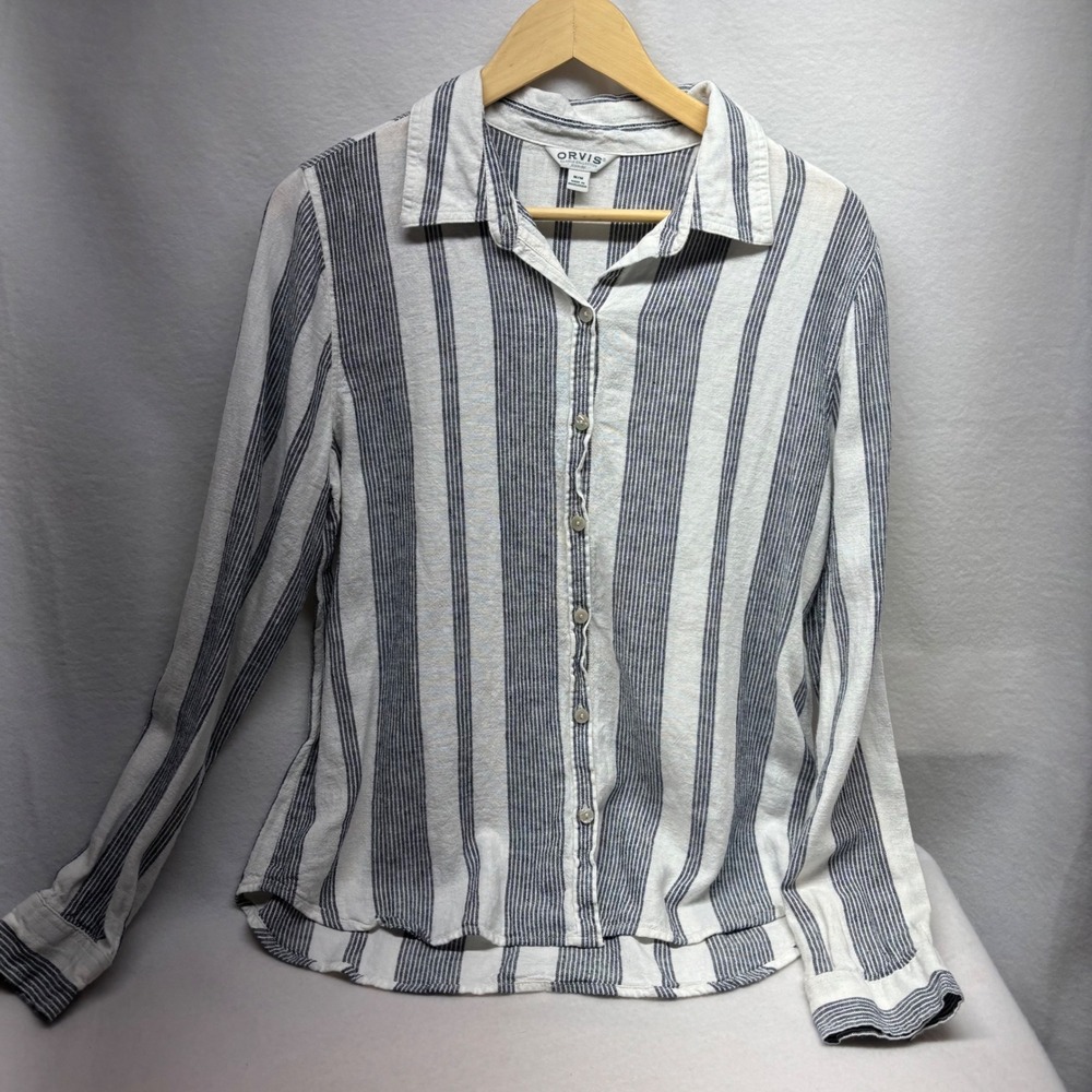 ORVIS Striped Linen Blend Long Sleeve Button Up Shirt Top M